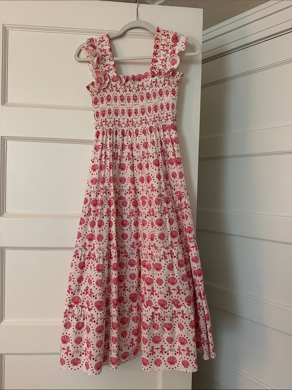Hill House Shell-Print Pink Smocked Midi Dress